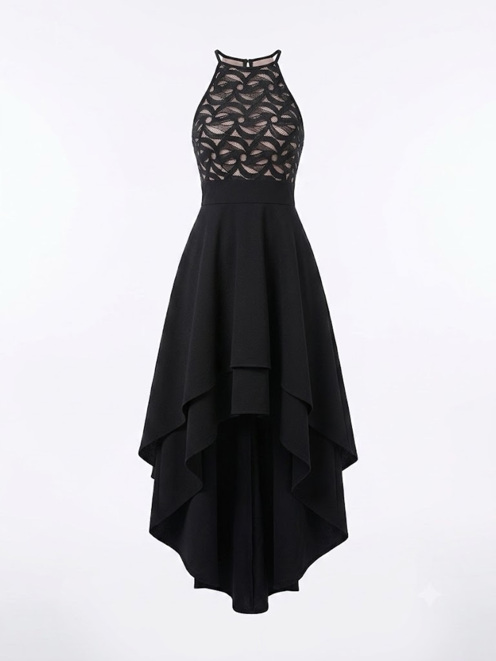 Black High-Low Halter Lace Bodice Dress